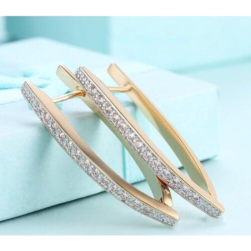 Long V Shaped Hoop Earrings Champagne Gold Color European Style Womens Girls Single Row Zirconia Earrings Fashion Jewelry Gift