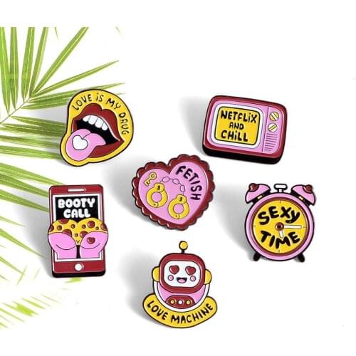 Sexy time Enamel Pins lips heart alarm clock mobile phone Television Brooches Lovers Kiss Lips Badge Pin Jewelry Gift Friends