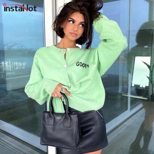 InstaHot Letter Print Women O-Neck Cardigans Long Sleeve Button Sweater Autumn Elegant Vintage Casual Straight Sexy Sweater 2021
