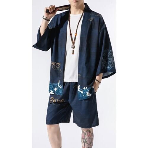 Japanese kimono suit male Cardigan shorts two pieces suits seven-point sleeves robe shirt fairy crane print Hanfu jacket