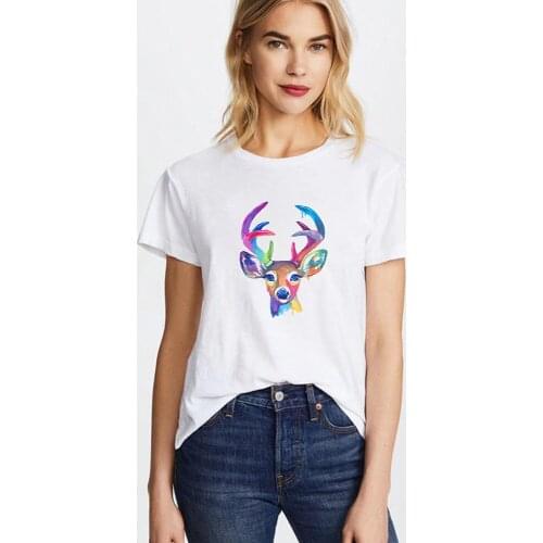 Korean Plus Size 3XL Cotton T-shirt Cute Animal Print Summer T-shirt Crew Neck T Shirt Harajuku Deer Print Short Sleeve T Shirt