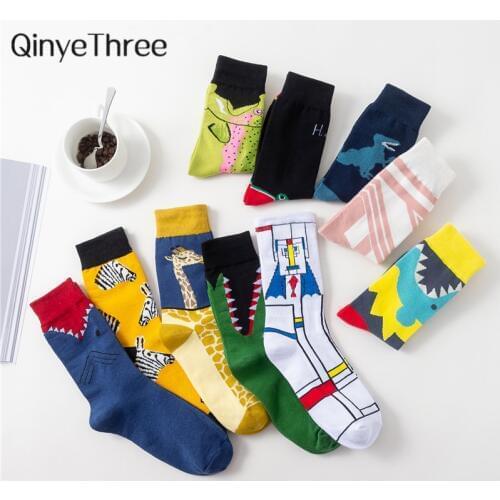 Men socks combed cotton cartoon animal shark dinosaur monster crocodile zebra giraffe geometric novelty funny socks dropship