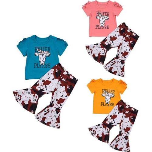 0-5Y Summer Lovely Kids Girls Clothes Sets 2pcs Cartoon Short Sleeve T Shirts Tops Printed Flare Pants