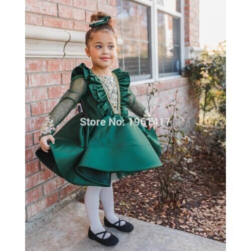 Green Dress Girl Princess Long Sleeve Dress Girl Party Dress New First Communion Ball Gown Birthday Clothes AG0281