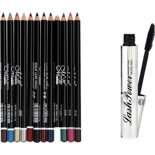 Pro Women 3D Curling Mascara + 12Pcs Long Lasting Lip Liner Eyeliner Pencil