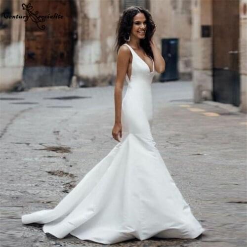 Simple Satin Wedding Dresses Mermaid Bridal Dress Boho V-Neck Backless Button Bohemian Bride Gowns Vestido De Noiva Cheap