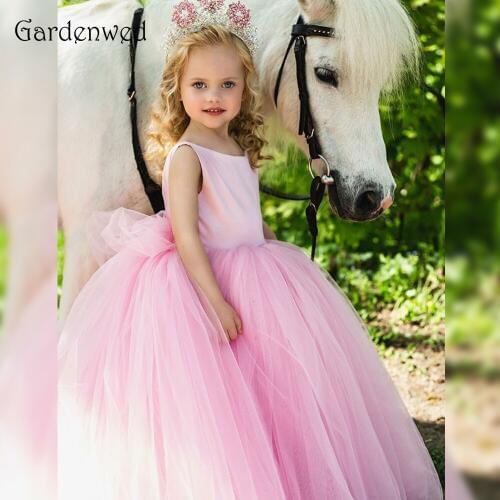 Gardenwed Pink Pageant Dresses for Girls 2019 Ball Gown Long Train Round Neck Back V Wedding Dress Girl Tulle Vestido Flores