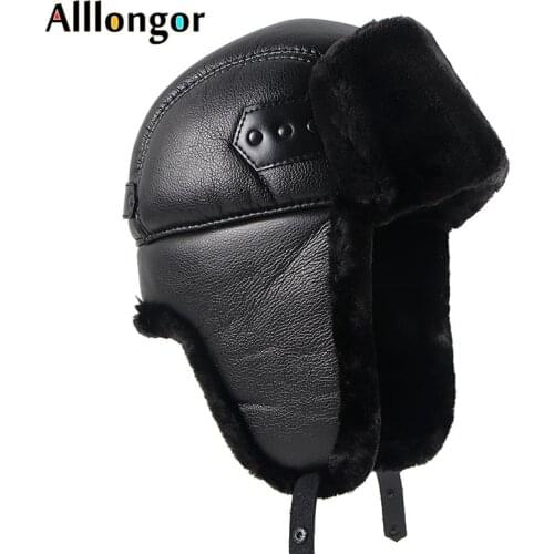 Russian Ski Hat Man Soft Leather Bomber Hats Warm 2021 Winter Hats Black Fur Earflaps Caps With Ear Flaps Ushanka Soviet Hat