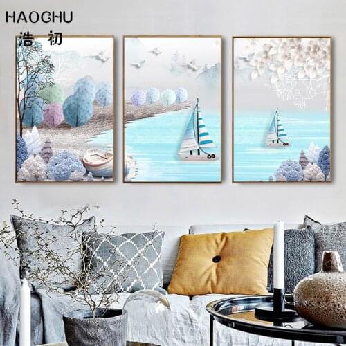 HAOCHU Modern still life landscape sailboat tree decoration canvas painting wall decoration picture living room wall decoration