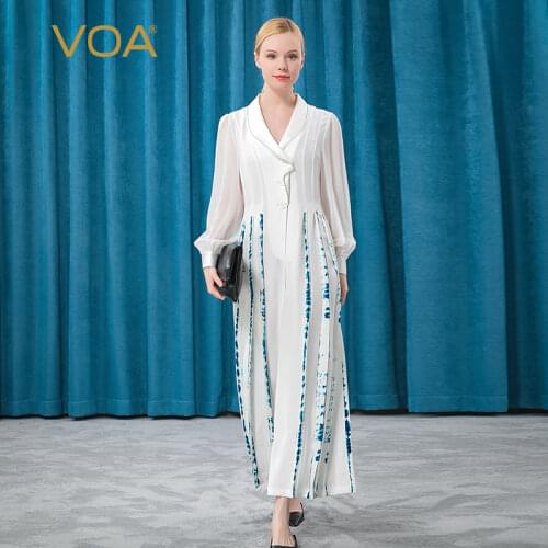 VOA Heavyweight Silk 30m/m Rice White Green Fruit Collar Lantern Long Sleeve Contrast Splicing Slotted Wide Leg Jumpsuit KE223