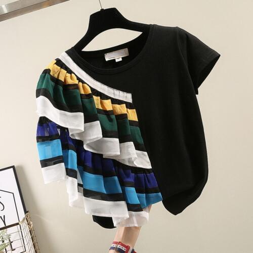 MUMUZI Women Summer 2020 Tshirt Casual Short Sleeve Tops Tees Sexy striped ruffles T-Shirt O-neck Loose black t shirts for women