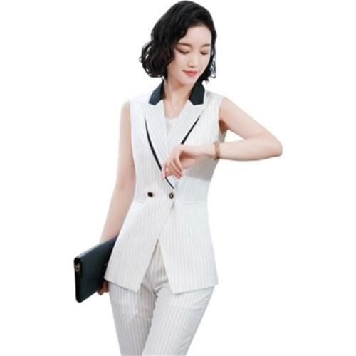 Womens Fashion stripe Set summer New fashion temperament stripe sleeveless vest two sets formal business uniforms office ladies