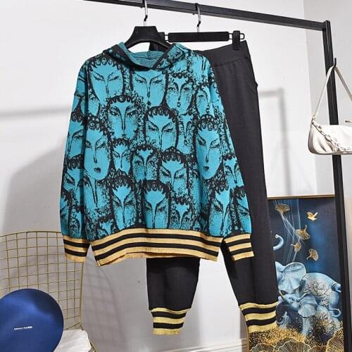 Autumn Winter 2021 Knitwear Suit Women Hooded Loose Long sleeve Sweater + Little Feet Pants Casual Fashion Two Piece Set H1078