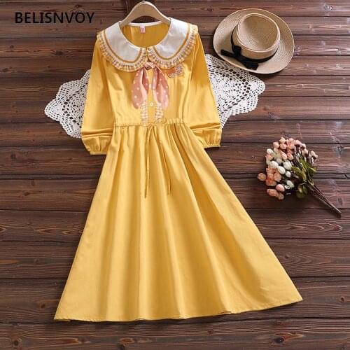 2021 Sweet Preppy Style Fashion Streetwear Ulzzang Long Sleeve Dress Ruffles Plaid Peter Pan Collar Leisure Bow A-line Vestidos