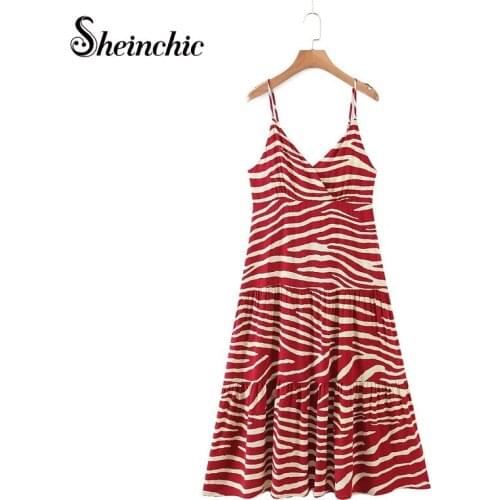 Vintage Red Midi Striped Dresses for Women 2021 Summer Holiday Bohemian Pleated Beach Dress
