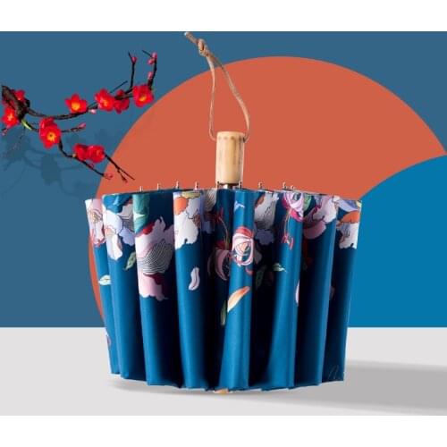 16 Ribs Large Sun Umbrella Rain Women Windproof Wooden Handle Reverse Umbrellas 3 Folding Anti-UV Parasol Girl Flower Umbrella