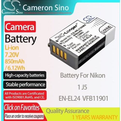 CameronSino Battery for Nikon 1 J5 fits Nikon EN-EL24 VFB11901 Digital camera Batteries 850mAh/6.12Wh 7.20V Li-ion Grey