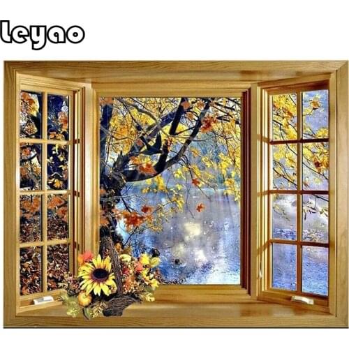 5D Diy Diamond Painting window outside tree lake scenery Cross Stitch Full Square Round Drill Mosaic Embroidery Wall Arts&Crafts