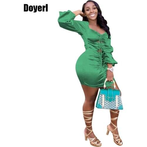 Satin Ruched Mini Dress Women Sexy Puff Long Sleeve Drawstring Bodycon Dress Short Party Night Club Elegant Sexy Bandage Dress