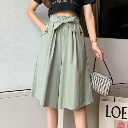 Limiguyue Summer High Waist Pants Slim Women Casual Trousers Knee Length Pants Loose Bandage Wide Leg Short Pant Capris K2086