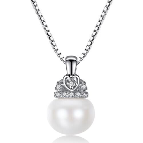 MetJakt S925 Sterling Silver Crown Pendant with AAA Zircon 9-9.5mm Freshwater Pearl Elegant Necklace for Ladies