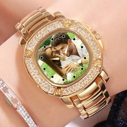 Gold color Rhinestone watch womens custom photo wristwatch print picture Personalized watch customize clock DIY gift for girl