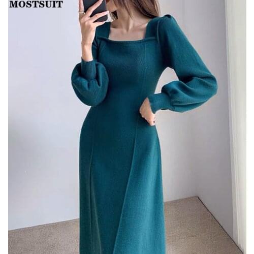 Elegant Chic Women Sweater Dress 2021 Autumn Winter Full Sleeve Square Collar Long Midi Dresses Solid Party Vintage Vestidos