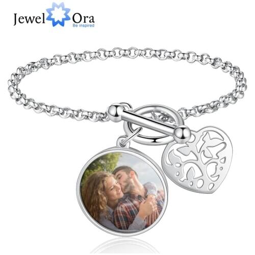 JewelOra Personalized Photo Bracelets for Ladies Stainless Steel Heart Jewelry Engrave Name Charm Bangle Birthday Gift for Women