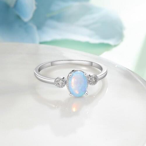 Classic 925 Sterling Silver Blue Opal Ring with Zirconia Female Finger Oval Opal Rings for Women Silver 925 Jewelry