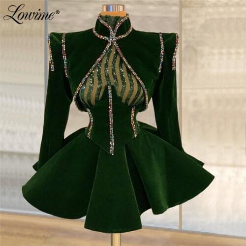 Lowime Green Velour Short Party Dresses Moroccana Kaftan Evening Gowns Beaded Long Sleeves Dubai Arabic Special Occasion Dress