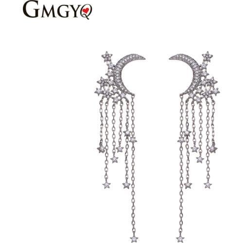 GMGYQ Fashion 2018 Silver Color Crystal Earrings Long Brush Bridal Wedding Jewelry Fashion Streamlined Female Star Pendant Femme