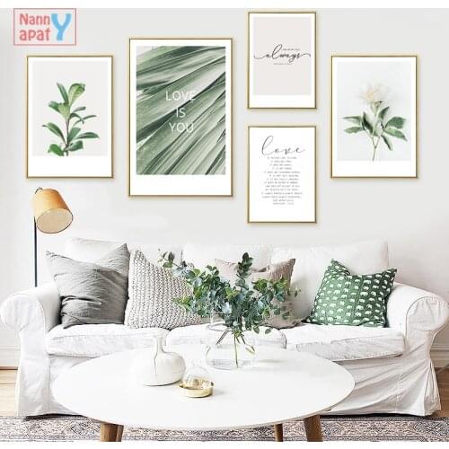 Love Quotes Wall Art Canvas Painting Green Palm Jasmine Flower Nordic Posters and Prints Wall Pictures for Living Room Decor
