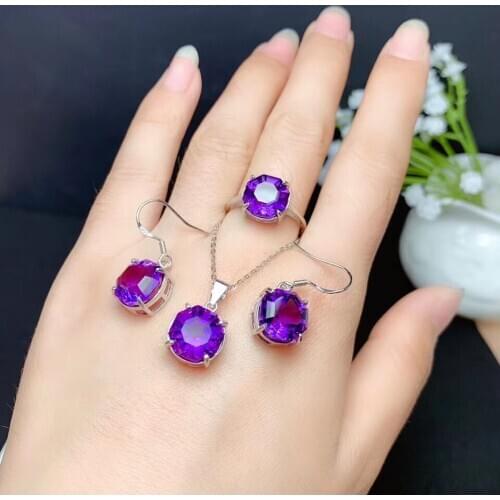 New Arrival Real and Natural Natural And Real Amethyst Jewelry set 925 sterling silver 1pc Ring,1pc Pendant,2pcs Earring
