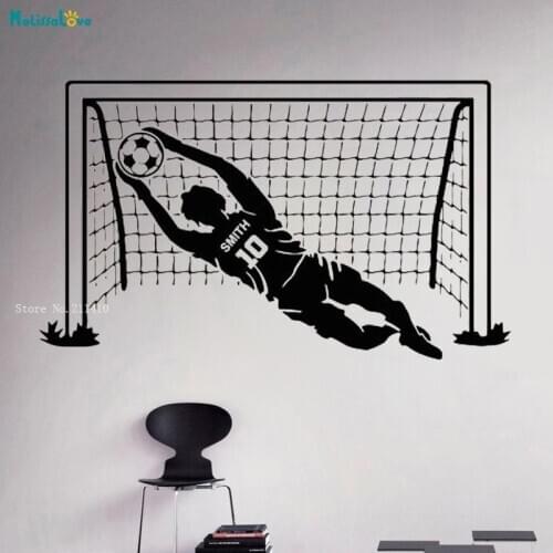 Personalized Name and Number Football Player Wall Decal Goalkeeper Leap For The Ball Removable Home Decor Murals YT3252