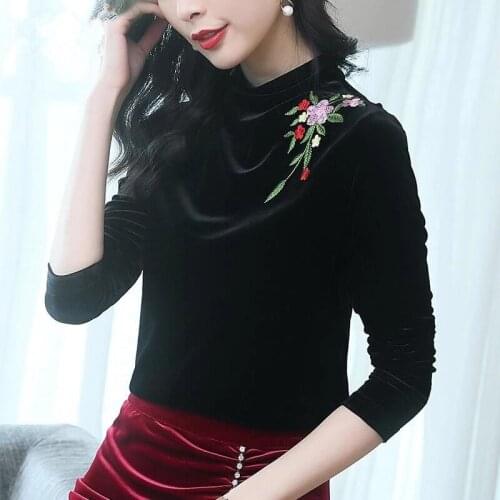 Spring Fall Casual Womens Embroidery Stand Collar Black Velour T Shirt Top Blouse , Women Winter Thick Warm Velvet Shirts Tops