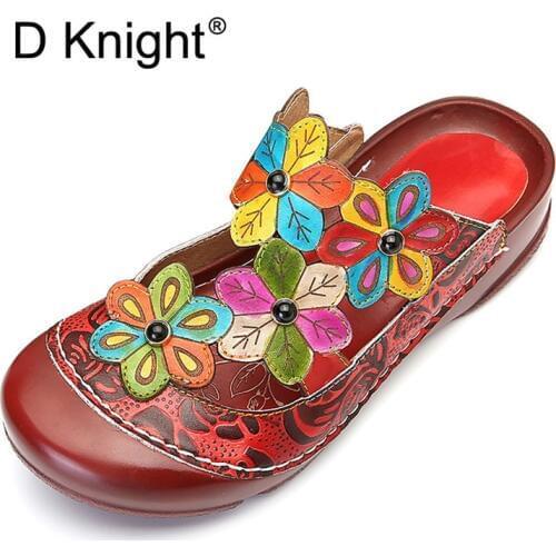 Genuine Leather Bohemian Luxury Slippers Women Shoes Vintage Handmade Flower Summer Ladies Beach Slippers Slides Wedge Heels New