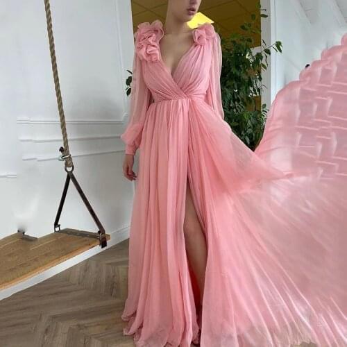 Pink Puffy Long Prom Dresses 2021 Sexy Deep V-Neck Pleat Chiffon Formal Party Evening Gown Side Split Elegant Floor Length