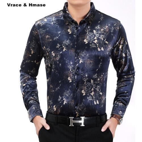 Chinese style 3D flower pattern middle-aged boutique long sleeve shirt Autumn 2018 New high-quality gold velvet men shirt M-XXXL