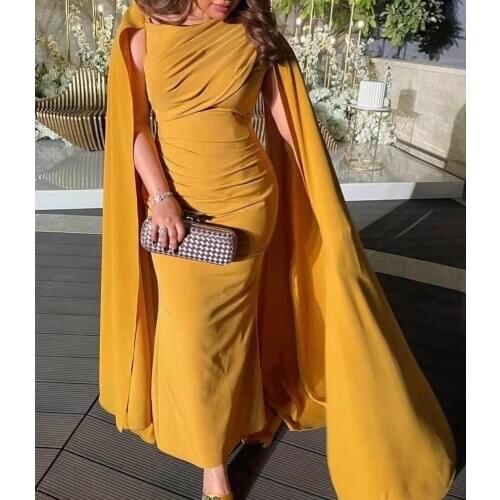 Vintage Long Yellow Satin Evening Dresses with Cape Floor Length Zipper Back Pleated Formal Party Dress for Women