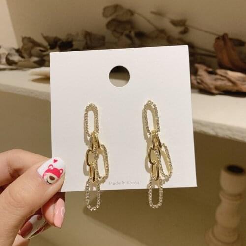 ​ZDMXJL 2021 New Trend French Women Earring Rhinestone Long Circle Chain Dangle Earrings Womens Jewelry Wedding Accessories