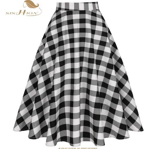 SISHION Spring Summer Black White Plaid Skirts Womens jupe femme SS0006 Cotton 50s Vintage Swing Long High Waist Midi Skirt