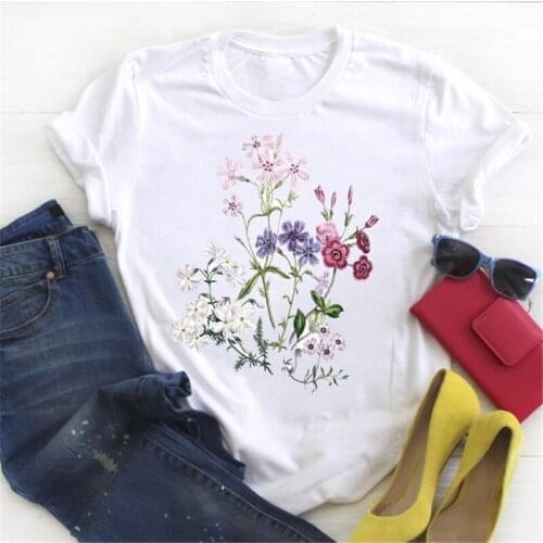 2021 Summer Womens Floral Print T-shirt Aesthetic Short Sleeve Tops For Ladies Fashion Casual Print Blouse For Female