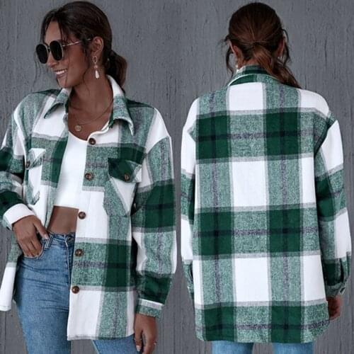 Womens Retro Loose Casual Plaid Cardigan Thicken Plaid Shirt Jacket Green