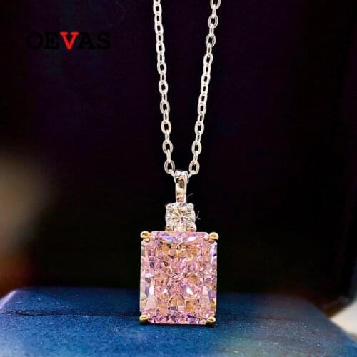 OEVAS 100% 925 Sterling Silver 10*12mm Pink High Carbon Diamond Pendant Necklace For Women Sparkling Wedding Party Fine Jewelry