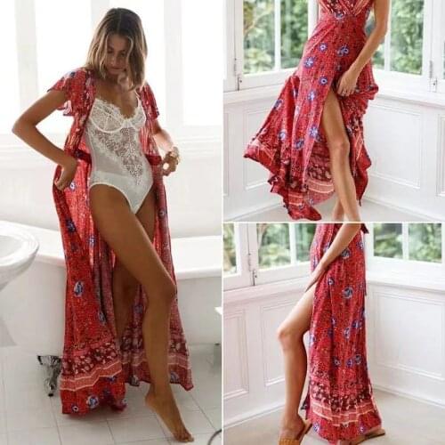 Women’s Summer V Neck Wrap Vintage Floral Print Short Sleeve Split Belted Flowy Boho Beach Long Dress Swim Suit Cover Up D3