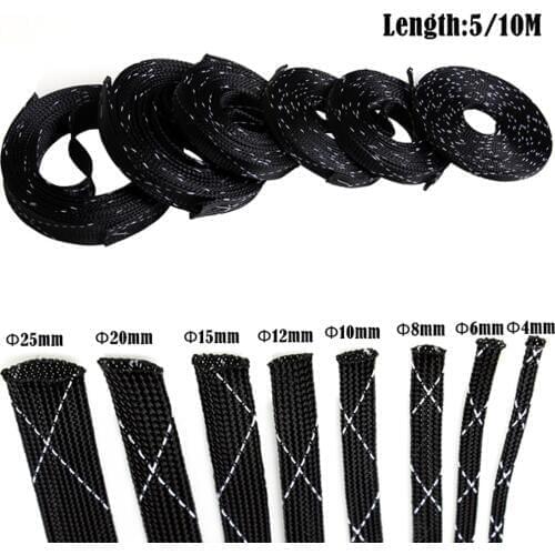 10M Black&White 4-25mm High Density Cable Sleeve PET Braided Expandable Sleeve Wire Sheathing Wire Wrapper