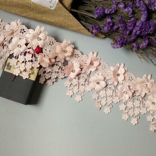 2 Yard Pink 9cm Pearl 3D Flower Tassel Lace Trim Ribbon Fabric Embroidered Applique Sewing Craft Wedding Dress Clothes New