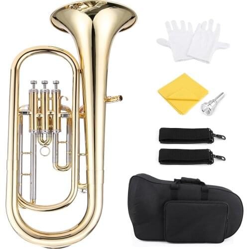 Ammoon Brass B Flat Baritone Horn Bb Piston-Style Gold Lacquer Surface Wind Instrument with Brass Woodwind Aeccessaries