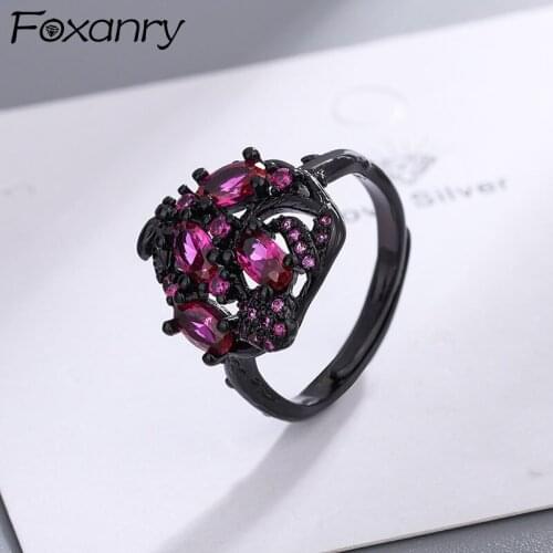FOXANRY 925 Sterling Silver Black Rings for Women Simple Trendy Elegant Sparkling Pink Flowers Zircon Birthday Party Jewelry