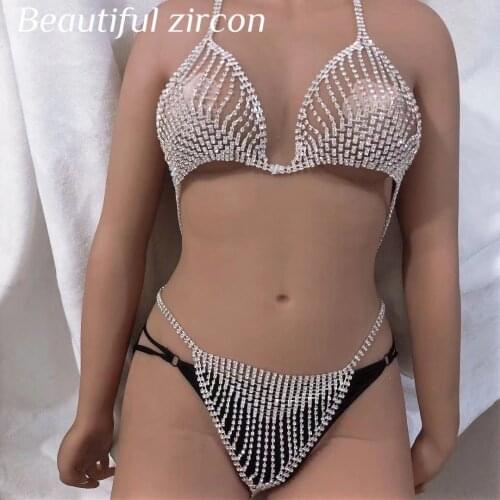 Fashion Ladies Sexy Crystal Rhinestone bra and Thong Set Body Jewelry Beach Party Bikini Body chain jewelry wholesale gift